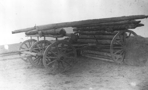 The "go-devil" or "ark of safety," a rolling fort that members of the  Johnson County sheriff's posse used to approach the entrenched invaders.  Courtesy Jim Gatchell Memorial Museum.