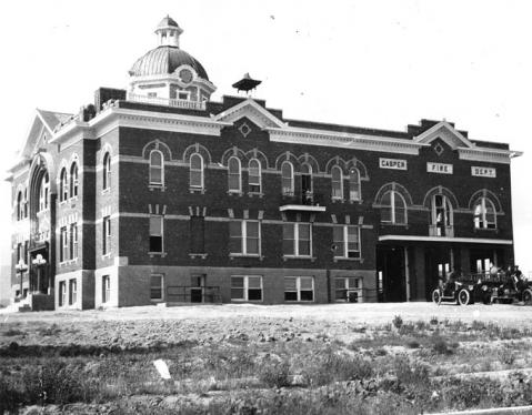 Casper's second city hall--with a wing for the fire department-- opened  in 1919 at the corner of Center and 8th Streets. Morrison Collection,  Casper College Western History Center.