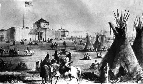 Fort Laramie (Fort William) from an 1837 sketch by Alfred Jacob Miller. Wyoming Tales and Trails.