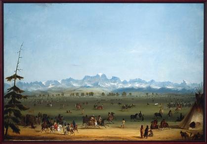 Rendezvous, 1837, looking east toward the Wind River Mountains past a line of threes that probably indicates the Green River. Alfred Jacob Miller. American Heritage Center, University.