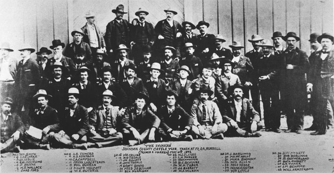 The invaders of Johnson County, in custody at Ft. D.A. Russell in  Cheyenne, spring 1892. None were ever brought to trial. Courtesy Jim  Gatchell Memorial Museum.