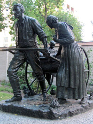 A statue at Temple Square in downtown Salt Lake City commemorates the handcart emigrants. Wikipedia photo.