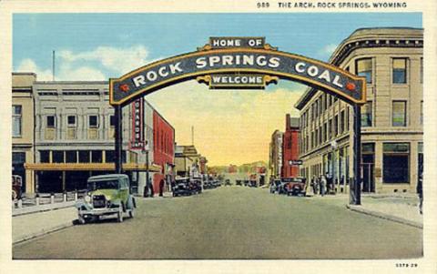 The Rock Springs Coal arch, shown here about 1929, has returned in recent years to its original site downtown. Wyoming Tales and Trails.