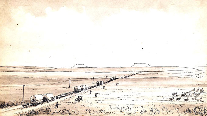 Pioneer photographer William Henry Jackson based this sketch of wagons and the transcontinental telegraph line near South Pass, with the Oregon Buttes in the distance, on his experiences in 1866, when he first crossed the pass as bullwhacker for a freight outfit at the age of 23. The men to the right of the wagon train are shooting at the fleeing pronghorn antelope. From the William Henry Jackson Collection at Scotts Bluff National Monument. Used with thanks.
