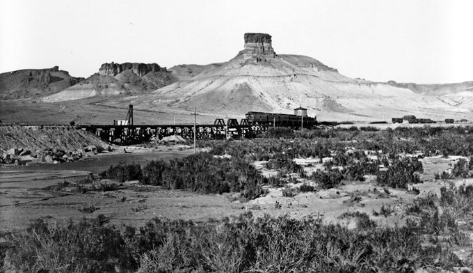 Green River Butte, now better known as Castle Rock, and Union Pacific Railroad Bridge, Green River, Wyo., 1869. W.H. Jackson photo.