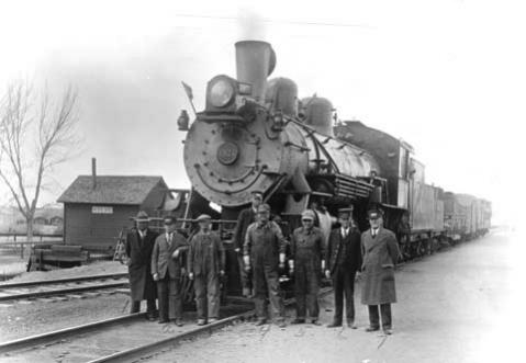 First train and crew to arrive in Worland. Wyoming State Archives.