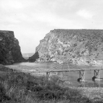 One of the few bridges across the North Platte in central Wyoming, shown here in 1899, was just upstream from  Alcova Canyon. American Heritage Center.