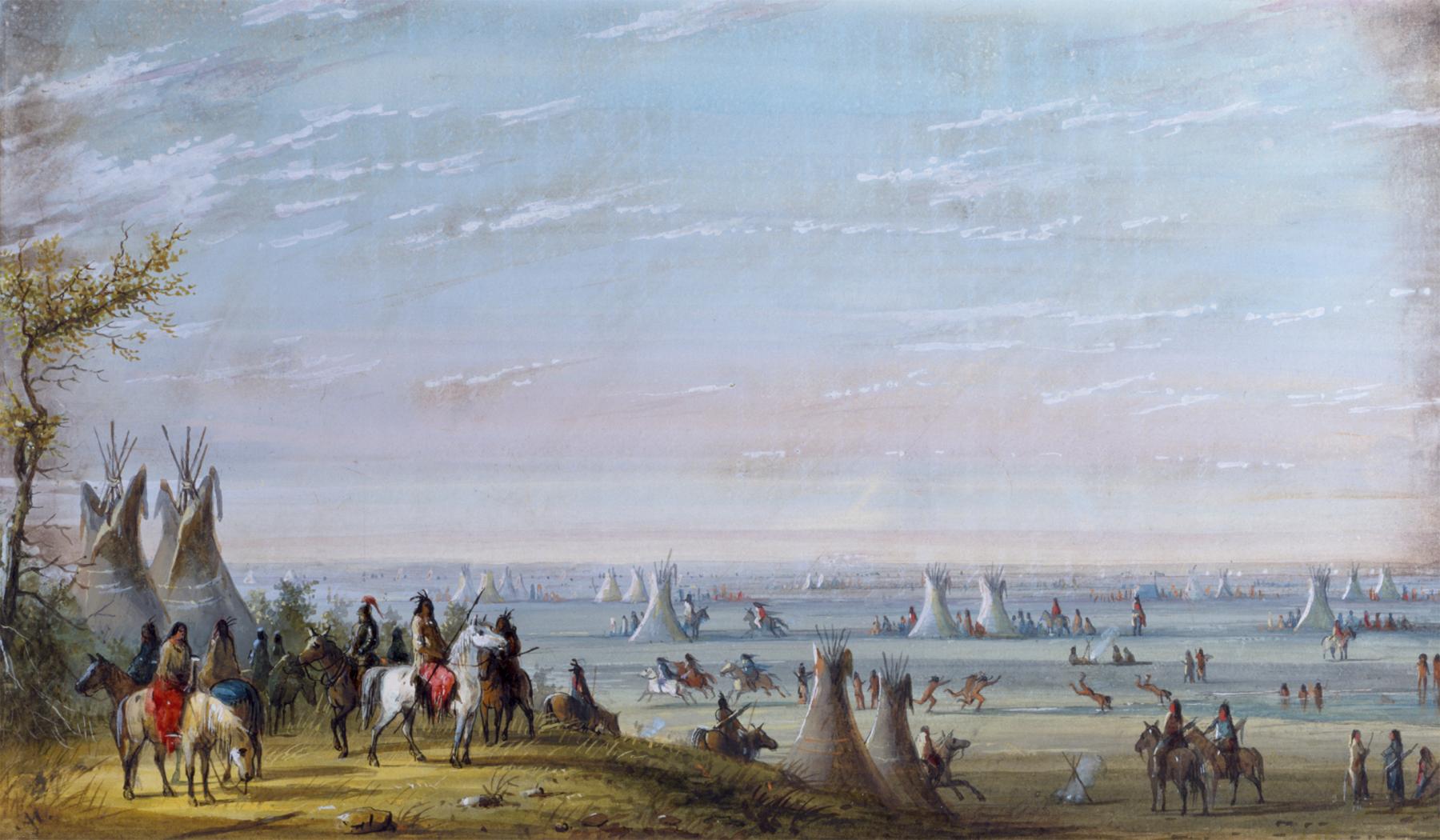 Romantic painter Alfred Jacob Miller’s view of the 1837 Rendezvous, with footraces, horse races and people swimming, shows a calmer event than the “scenes of the most extreme debauchery and dissipation” Bonneviille described in 1833. Walters Art Museum. 