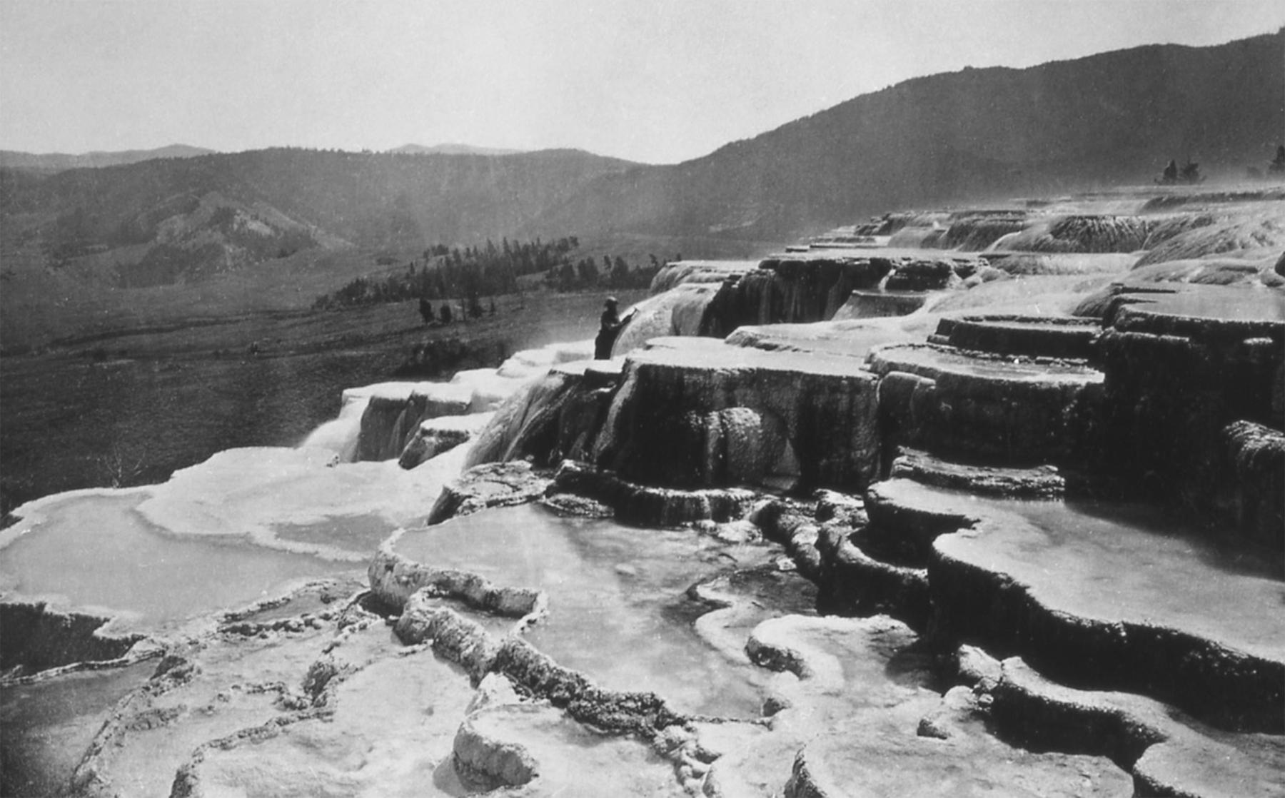 The terraces at Mammoth Hot Springs in what’s now Yellowstone National Park. When the Hayden Expedition arrived here, two men had already claimed 320 acres with an eye toward establishing a resort. William Henry Jackson photo, 1871. National Park Service.