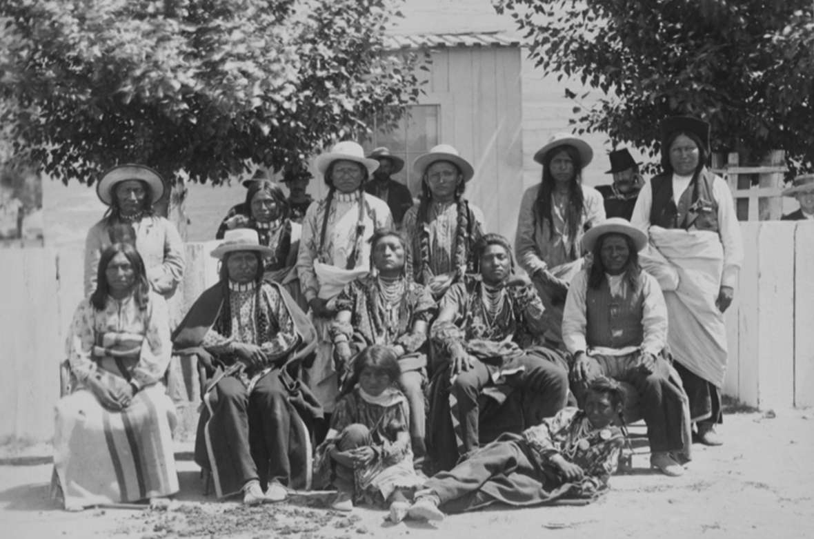 Arapaho and Shoshone residents of the Shoshone Reservation at Fort Washakie, 1883. F. Jay Haynes photo, Library of Congress.