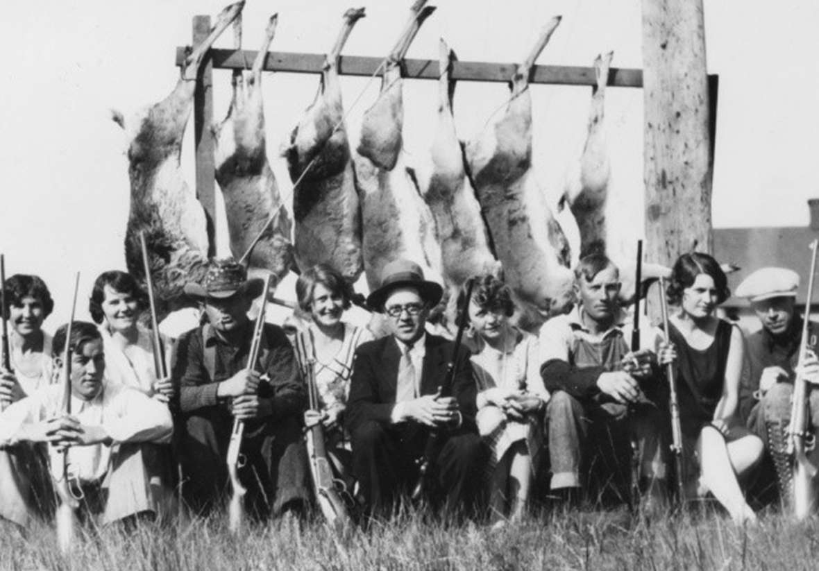 By 1906, there may have been as few as 2,000 pronghorn antelope left in Wyoming. In 1909, the legislature banned antelope hunting entirely. By the 1920s, the herds were coming back; antelope hunting was again allowed in 1927. Here, some happy hunters show off their take near Como, east of Medicine Bow, in 1929. Wyoming State Archives.