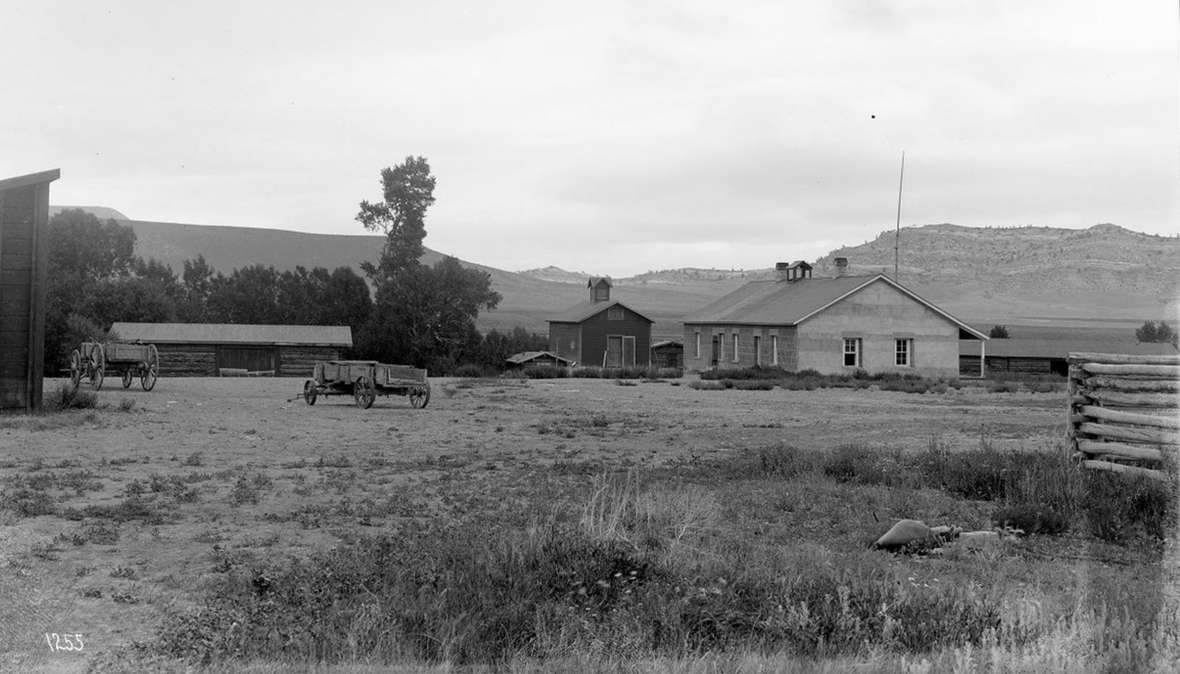 Franc’s house and outbuildings, above, and the barn and large haystacks (to the left of the barn) on the Pitchfork Ranch, July 1903. Franc built a large barn for his horses and grew a sizable amount of hay to feed his animals through harsh winters. American Heritage Center.