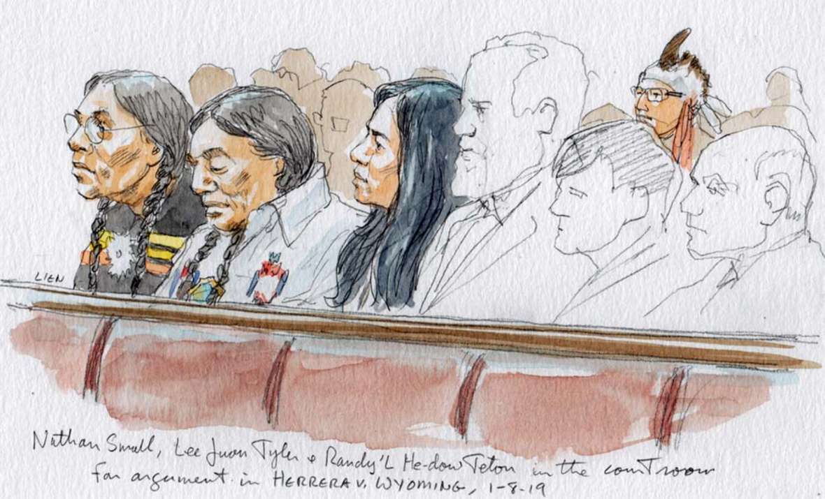 Shoshone-Bannock Tribe members Nathan Small, Lee Juan Tyler and Randy’L He-dow Teton listen to oral arguments in the Herrera v. Wyoming case at the U.S. Supreme Court, January 2019. Art Lien, SCOTUSblog.