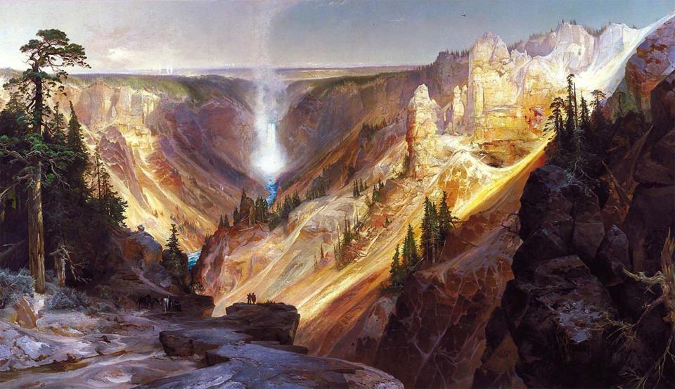 When the party stopped at the Grand Canyon of the Yellowstone, expedition leader Ferdinand V. Hayden noted, the painter Thomas Moran "exclaimed with a sort of regretful enthusiasm, that these beautiful tints were beyond the reach of human art.” Moran finished his famous picture the following year. Grand Canyon of the Yellowstone, 1872, U.S. Department of Interior via Wikipedia.