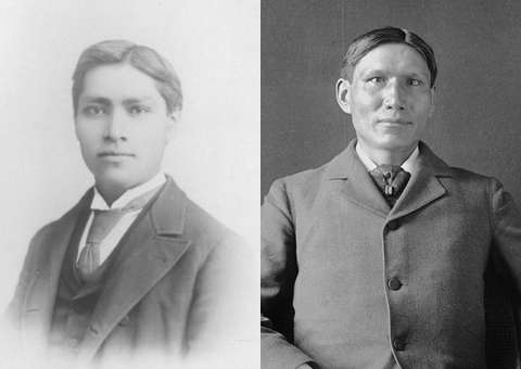 Yavapai physician Dr. Carlos Montezuma, left, and Santee Sioux physician and writer Charles Eastman, right, co-founded with Sherman Coolidge and others the Society of American Indians in 1911. Wikipedia.