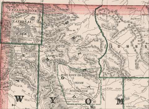 Cram’s 1883 Map of Wyoming shows the location of Otto Franc’s post office, named “Franc,” along the upper Greybull River in the Big Horn Basin. His ranges stretched along the east front of the Absaroka Mountains all the way from the Clarks Fork River east of Yellowstone Park to Owl Creek, which at the time was the northern boundary of the Shoshone Reservation. David Rumsey Maps. 