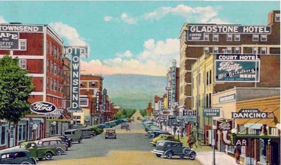 Looking south on Center Street in downtown Casper about 1938. The Arkeon  was a popular dancing academy. Wyoming Tales and Trails photo.