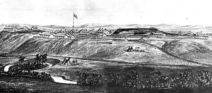 Fort Fetterman in 1870, with the North Platte River in the foreground. Wyoming Tales and Trails.