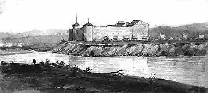 Fort Laramie 1849, sketch by James Wilkins, Wyoming Tales and Trails.