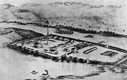 Fort Phil Kearny, looking northeast, from a drawing by Second Cavalry Bugler Antonio Nicoli, June 1867. Wyoming Tales and Trails.