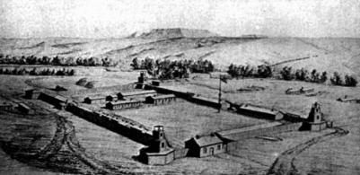 Fort Reno, shown here about 1867, was the southernmost of the Army's three forts on the Bozeman Trail. Wyoming Tales and Trails.