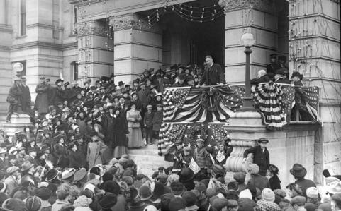 John B. Kendrick gives his first speech as governor on the Capitol steps in Cheyenne, 1915. Trail End State Historic Site.