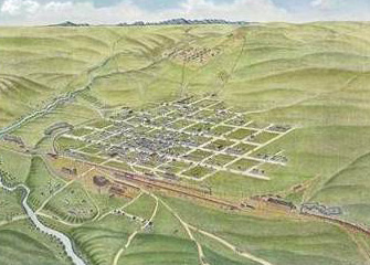 Bird's eye view of Cheyenne, 1870, looking northwest and showing Crow Creek and the U.P. tracks. Wyoming State Archives.