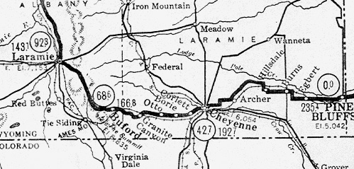 The Lincoln Highway's 92 miles from Pine Bluffs to Laramie, ca. 1930. Wyoming Tales and Trails.