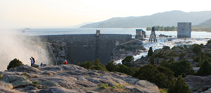 Pathfinder Reservoir, Dam and spillway on the North Platte River. Tom Rea photo