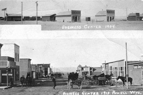 Downtown Powell, Wyo., 1909 and 1913. The earlier view shows the first business district on Clark Street; the later view looks north from the intersection of First and Bent streets. Homesteader Museum photo.