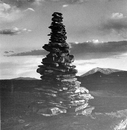 A sheepherder's momument on the Chace Ranch, Carbon County; Elk Mountain in the background. Chuck Morrison Collection, Casper College Western  History Center.