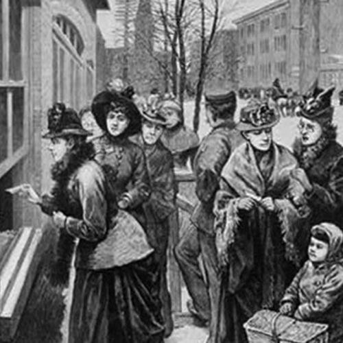 Women vote in Cheyenne, 1888. The steeple of the Union Pacific depot is visible in the background. Library of Congress.