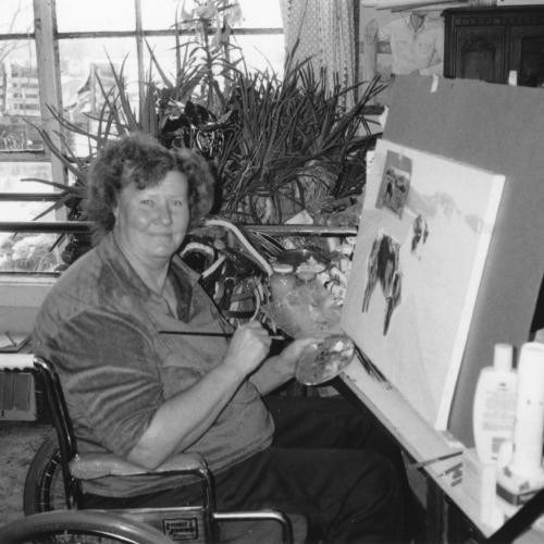 Dixie Reece at her easel, undated (after 1970), Campbell County Rockpile Museum