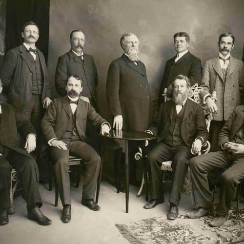 Members of the Albany County Bar in Laramie, 1901. Prominent lawyer and judge M.C. Brown is at center. Longtime Laramie attorney Stephen Downey is seated just to the right of the table. Downey’s son, Corlett Downey, stands in the back row at far left. Albany County Clerk of Court via Laramie Plains Museum.