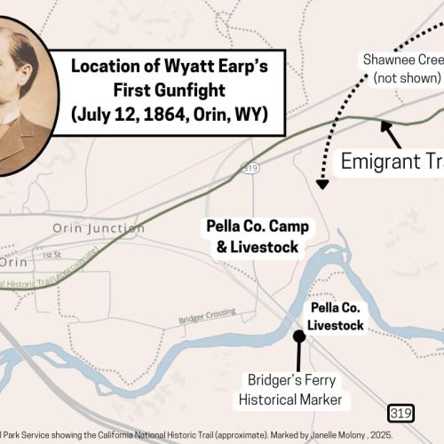 Map shows of Wyatt Earp's frist guynfight location at Orrin, Wyo, with photo of Earpp