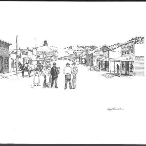 Drawing of two minders in their work clothes, holding bags, with a woman pedestrian looking at them from the sidewalk f a snowy street. There is a stone house on a rise in the background