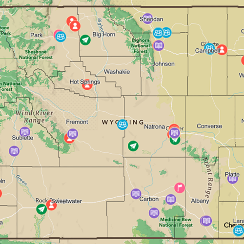 map showing locatons of various kinds of literary figures in Wyoming