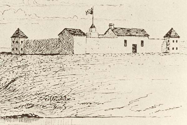 ink drawing of a thick-walled fort on a hill above water