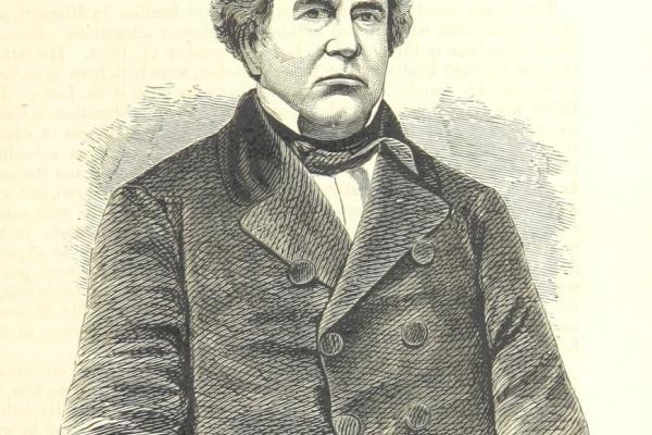 Engraving portrat of solemn-faced man with curly hair wearing a suit