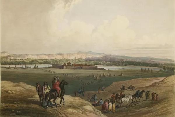 Painting of a plains landscape, with Indigenous people on foot and horses in the foreground, teepees scattered around a walled fort in the middle distance, by a body of water, and mountains on the horizon