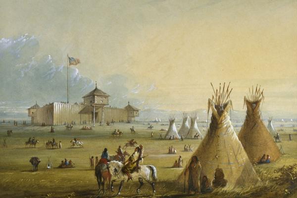 painting of plains with several teepees and Indigenous people in the foreground and a large wooden fort flying an American flag in the background