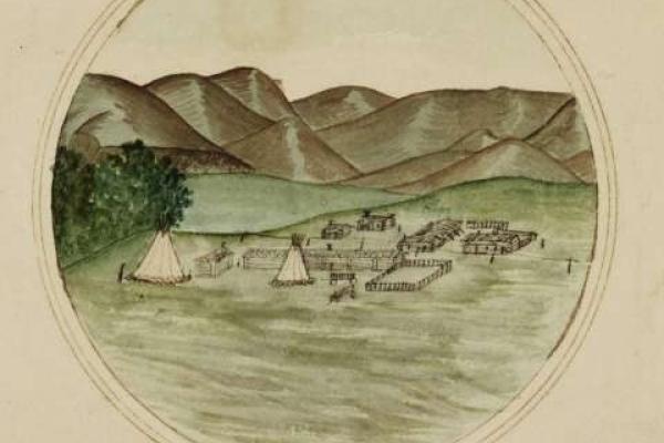 watercolor drawing of a fort and some teepees on a plain with rounded hills in the background, framed in a circle and titled "Deer Creek Station"