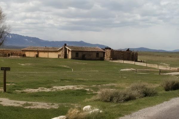 one-story stone compound with corrals in an open area; mountains in the background