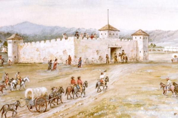 watercolor drawing of a csstle-like fort with people on horseback and in a covered wagon approaching in the foreground