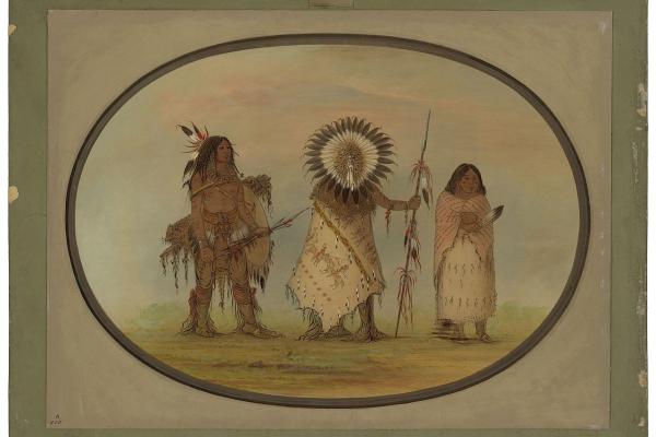 watercolor drawing of an Indigenous warrior in fringed buckskin pants and boot, with a necklace of animal claws and feathers in his shoulder-length hair, holding a bow and arrows, and strapped with a quiver and shield; another figure wearing and eagle-feather headdress and buffalo robe decorated with images of figures on horseback and holding a feather-trimmed spear; and a woman wrapped in a robe and shawl holding a single feather