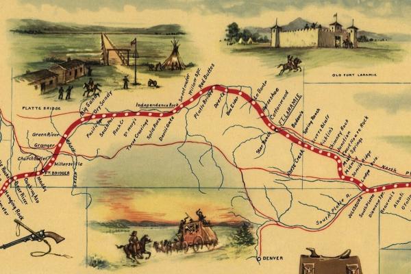 map showing route of Pony Express through Wyoming, with many stations marked, including LaBonte, four stations west of Fort Laramie