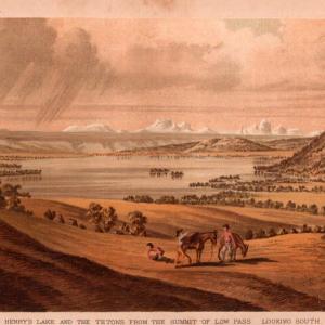 “Henry’s Lake and the Tetons from the Summit of Low Pass,” from the 1860 painting by Anton Schönborn, Chromolithograph published in the Twelfth Annual Report of the United States Geological and Geographical Survey of the Territories, 1883. Henry’s lake lies in present northeastern Idaho near the western boundary of Yellowstone Park.