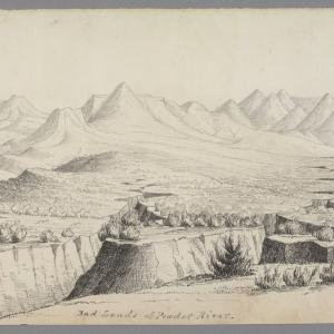 William Raynolds wrote: ”The spur along the summit of which we had been travelling and which we now crossed, is as perfect a specimen of ‘bad lands’ as can be found in the country. It is almost wholly devoid of vegetation.” Artist James D. Hutton titled this ink and pencil drawing “Bad Lands of Powder River” in July 1859. The Huntington Library.