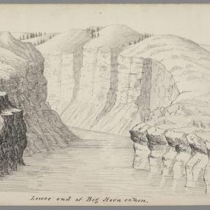 “The river here narrows to a width of less than 150 feet, and bursts out through reddish tinted walls of perpendicular rock over 300 feet in height,” Raynolds wrote. “Lower end of Big Horn canon,” ink and pencil on paper drawing by James D. Hutton, 1859. The Huntington Library. The canyon ends about five miles south and upstream of today’s Yellowtail Dam on the Crow Reservation in south central Montana.