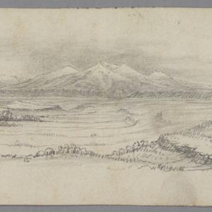 James D. Hutton captioned his August 1859 pencil drawing "Ah-pake emat-abe or Cloud peak. North-eastern extremity of the Big Horn range. From Clear Fork of Powder R[iver]. 56 miles distant.” Hutton is here looking west at the mountains from out on the plains. The Huntington Library. 